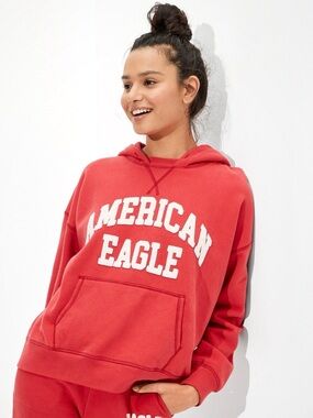 American Eagle Heritage Oversized Boyfriend Logo Hoodie Sweatshirt - XXS - Red